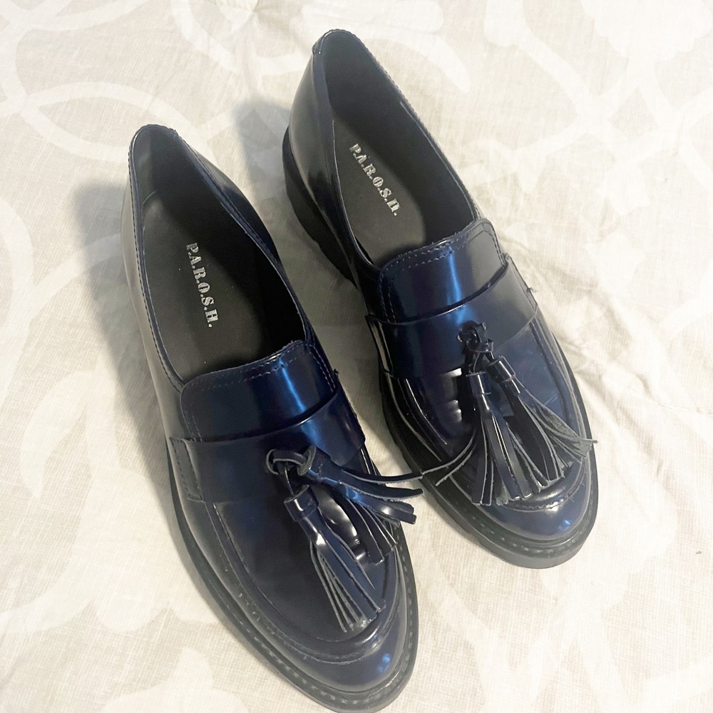PAROSH Womens Navy Blue‎ Patent Leather Tassel Platform Loafers Size 38 EU